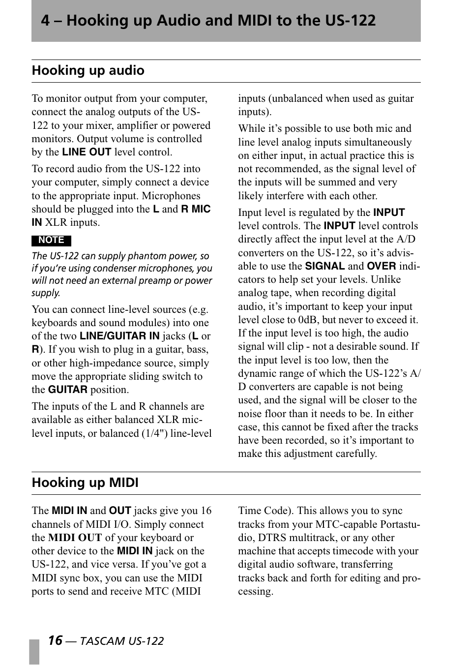 4 - hooking up audio and midi to the us-122, Hooking up audio, Hooking up midi | 4 hooking up audio and midi to the us-122, Hooking up audio hooking up midi, 4 – hooking up audio and midi to the us-122 | Teac US-122 User Manual | Page 16 / 36