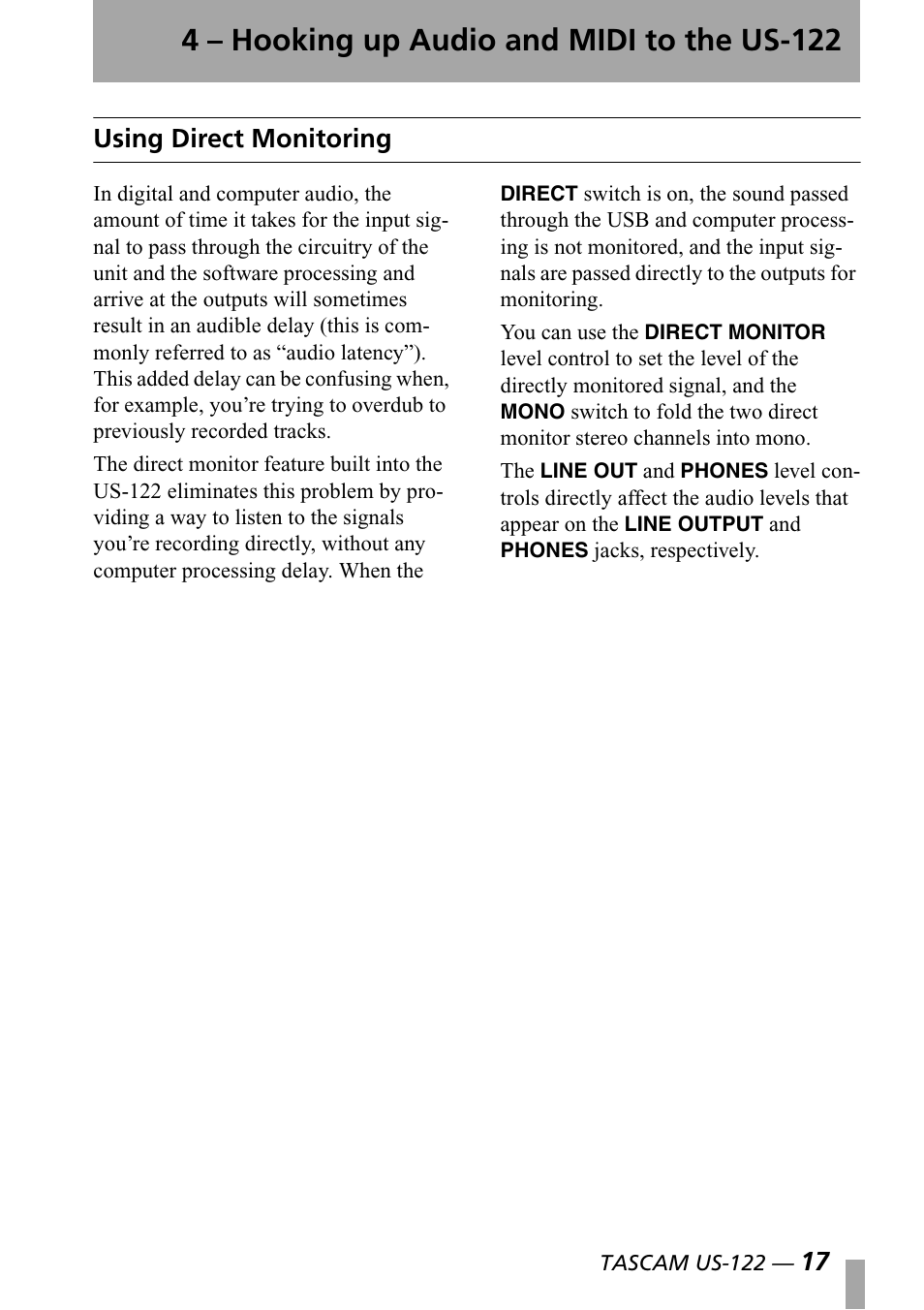 Using direct monitoring, 4 – hooking up audio and midi to the us-122, 17 using direct monitoring | Teac US-122 User Manual | Page 17 / 36