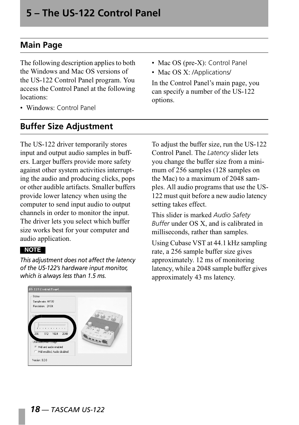 5 - the us-122 control panel, Buffer size adjustment, 5 the us-122 control panel | 5 – the us-122 control panel, Main page | Teac US-122 User Manual | Page 18 / 36