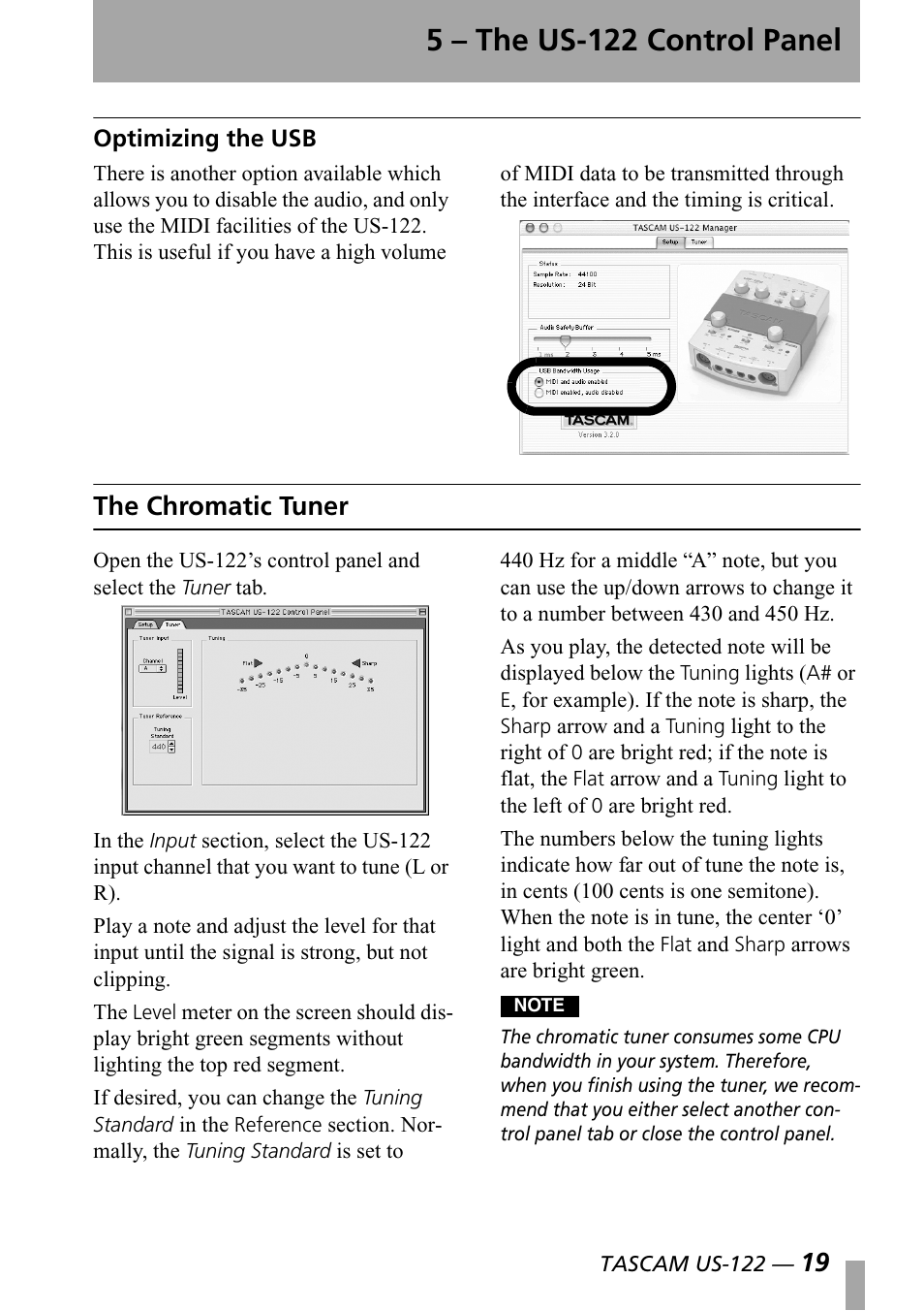 Optimizing the usb, The chromatic tuner, 5 – the us-122 control panel | Teac US-122 User Manual | Page 19 / 36