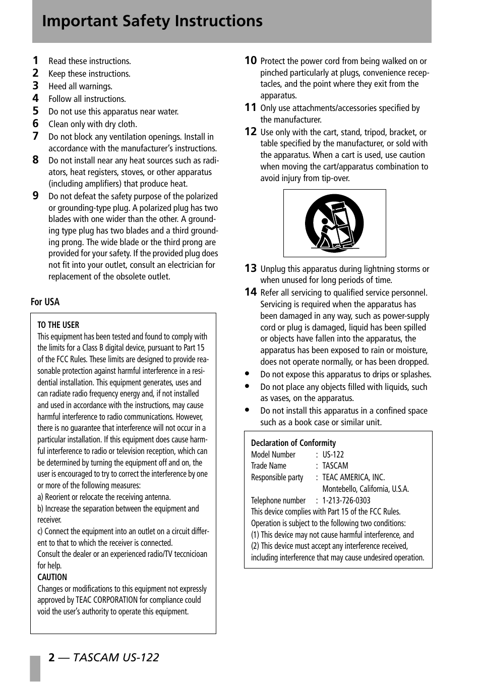 Important safety instructions | Teac US-122 User Manual | Page 2 / 36