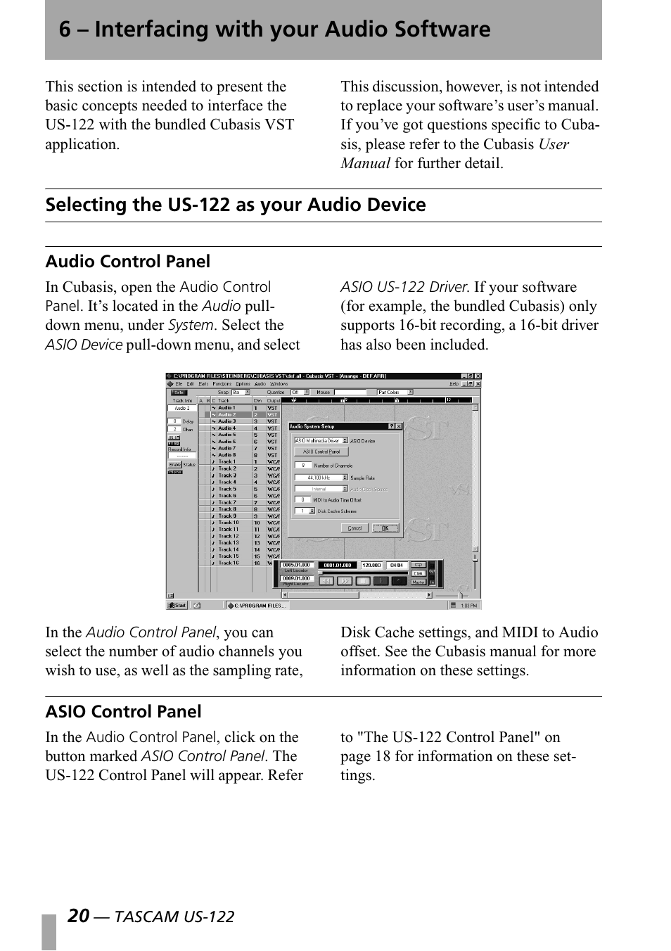 6 - interfacing with your audio software, Selecting the us-122 as your audio device, Audio control panel | Asio control panel, 6 interfacing with your audio software, Selecting the us-122 as your, Audio device, Audio control panel asio control panel, 6 – interfacing with your audio software | Teac US-122 User Manual | Page 20 / 36