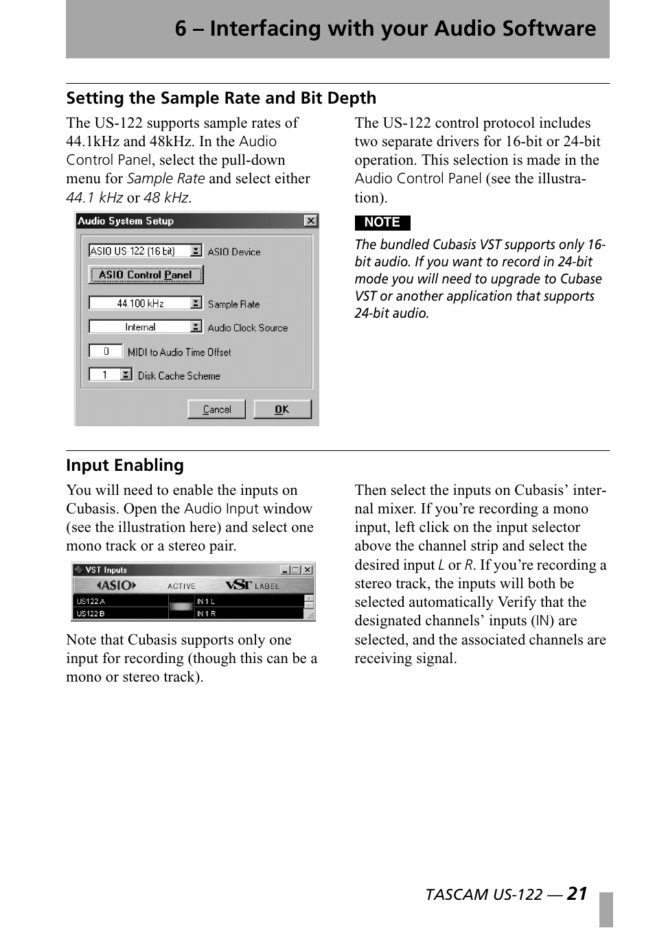 Setting the sample rate and bit depth, Input enabling, Setting the sample rate and bit | Depth, 6 – interfacing with your audio software | Teac US-122 User Manual | Page 21 / 36