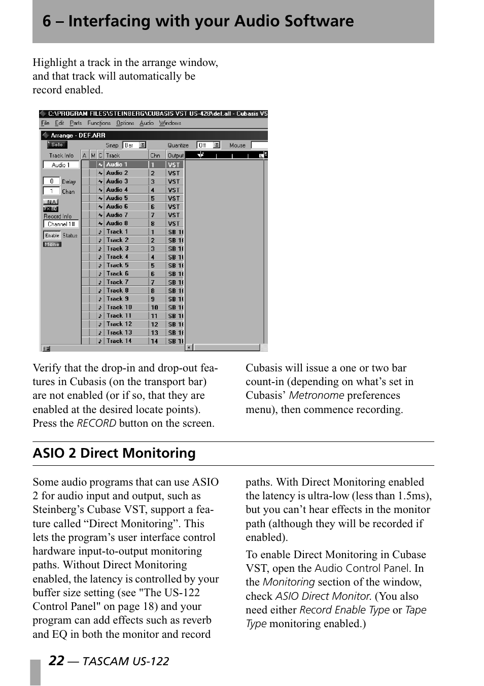 Asio 2 direct monitoring, 6 – interfacing with your audio software | Teac US-122 User Manual | Page 22 / 36