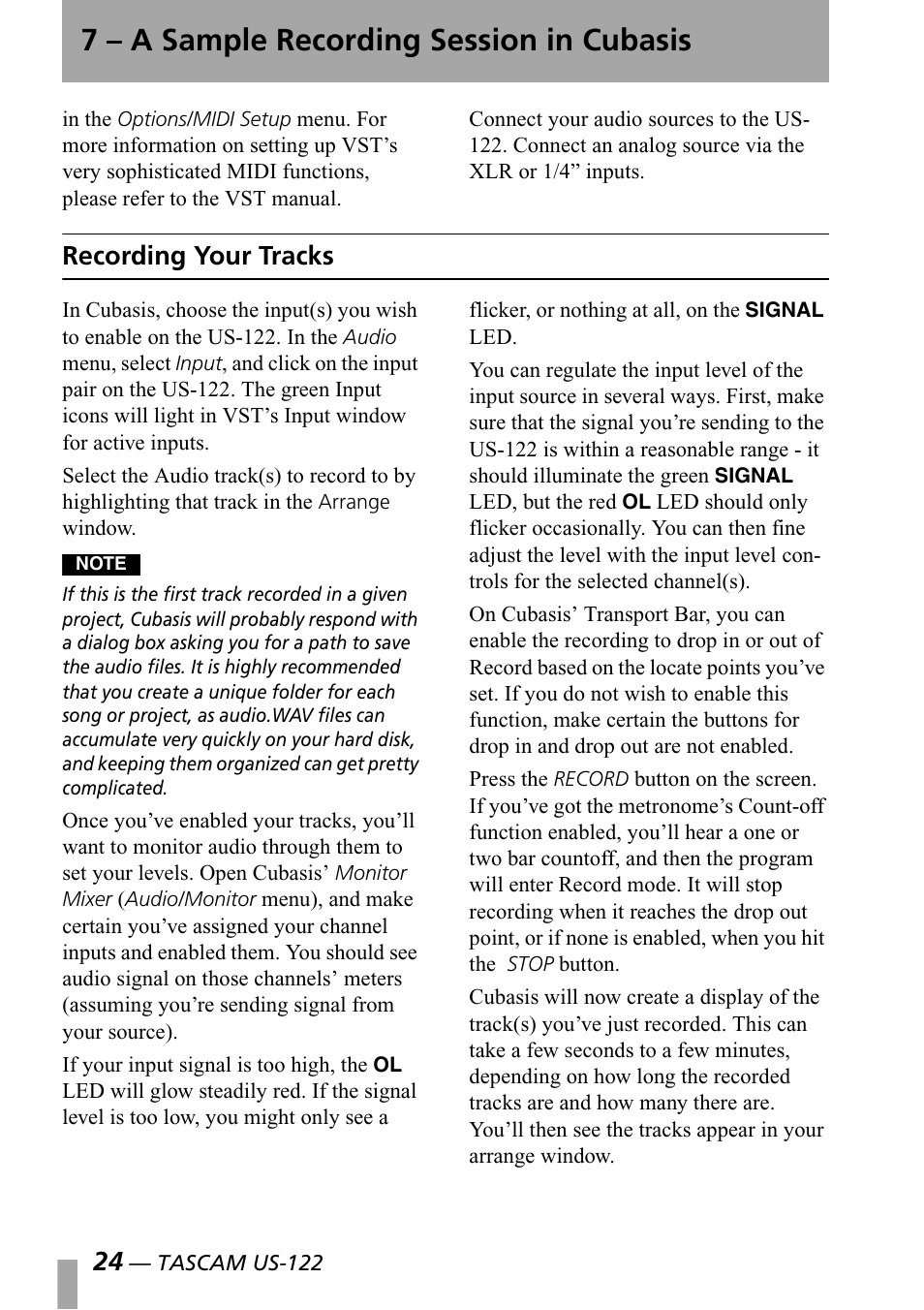 Recording your tracks, 7 – a sample recording session in cubasis | Teac US-122 User Manual | Page 24 / 36