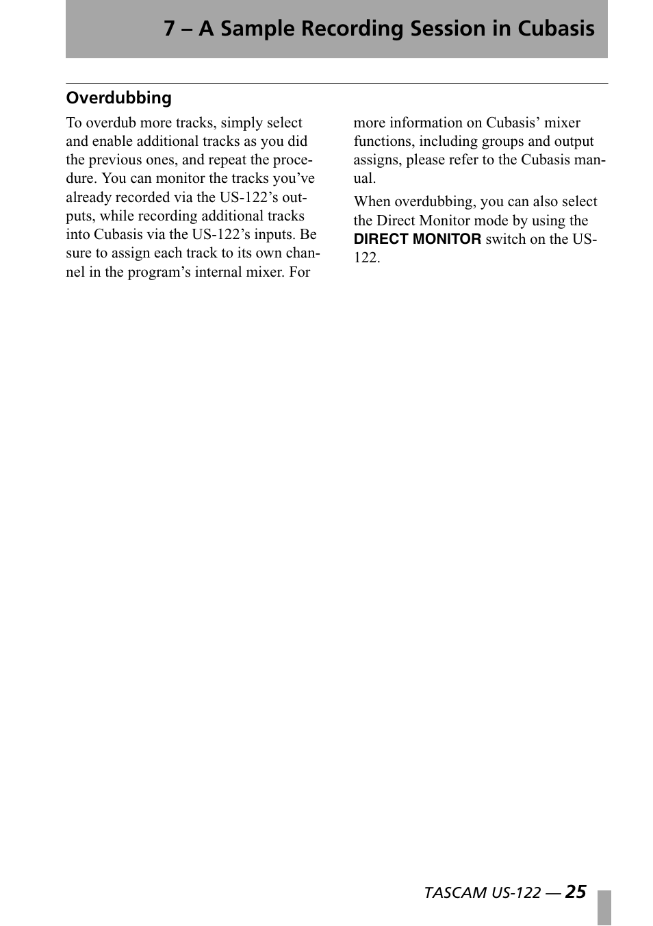 Overdubbing, 7 – a sample recording session in cubasis | Teac US-122 User Manual | Page 25 / 36