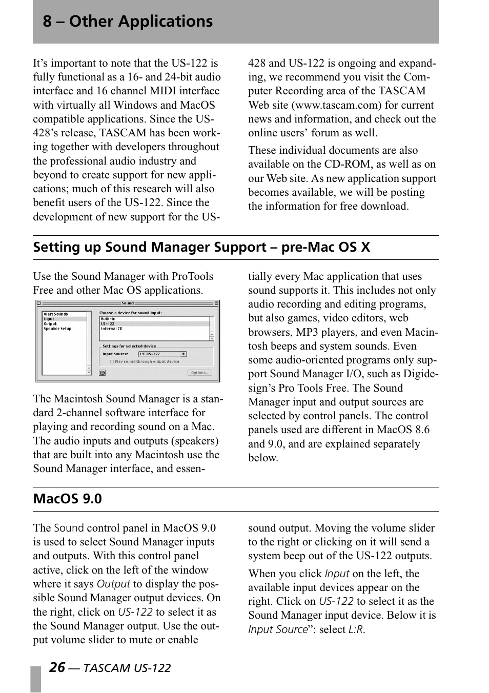 8 - other applications, Setting up sound manager support - pre-mac os x, Macos 9.0 | 8 other applications, Setting up sound manager, Support – pre-mac os x, 8 – other applications, Setting up sound manager support – pre-mac os x | Teac US-122 User Manual | Page 26 / 36