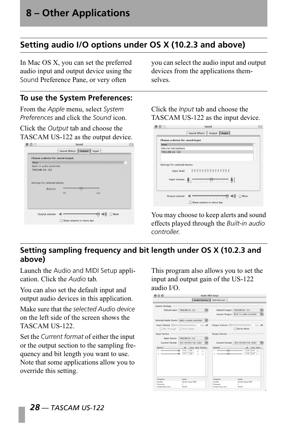 To use the system preferences, Setting audio i/o options under, Os x (10.2.3 and above) | Length under os x (10.2.3 and above), 8 – other applications | Teac US-122 User Manual | Page 28 / 36