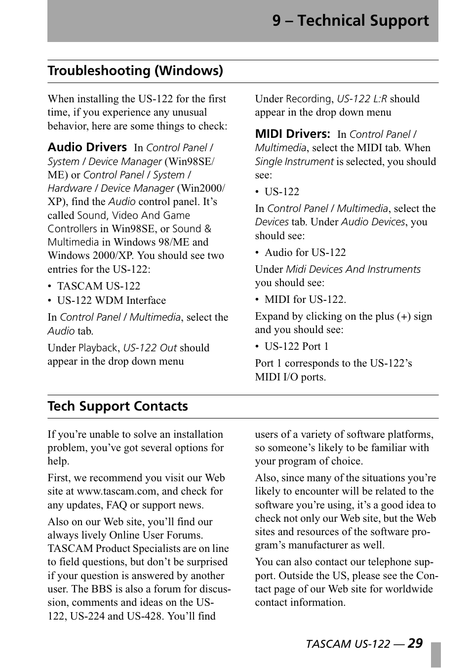 9 - technical support, Troubleshooting (windows), Tech support contacts | 9 technical support, Troubleshooting (windows) tech support contacts, 9 – technical support | Teac US-122 User Manual | Page 29 / 36