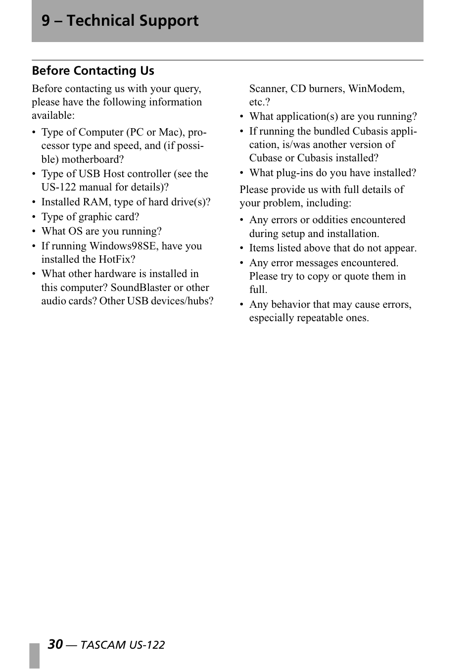 Before contacting us, 9 – technical support | Teac US-122 User Manual | Page 30 / 36