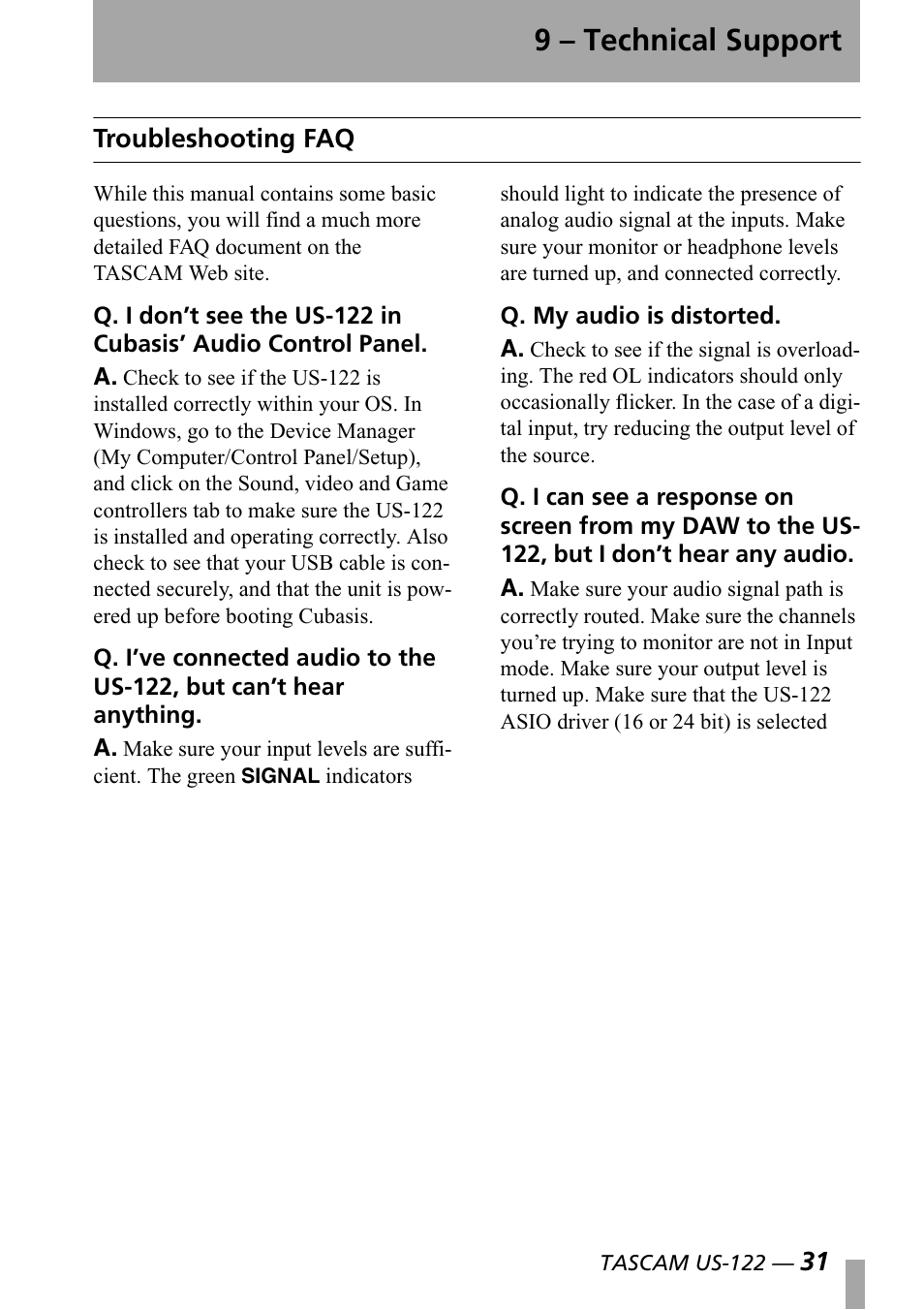Troubleshooting faq, 9 – technical support, 31 troubleshooting faq | Teac US-122 User Manual | Page 31 / 36
