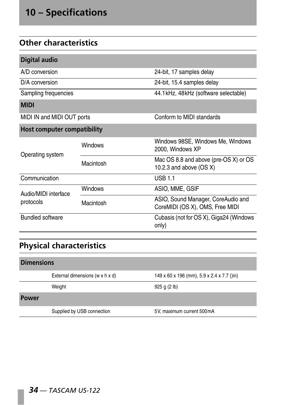 Other characteristics, Physical characteristics, Other characteristics physical characteristics | 10 – specifications | Teac US-122 User Manual | Page 34 / 36