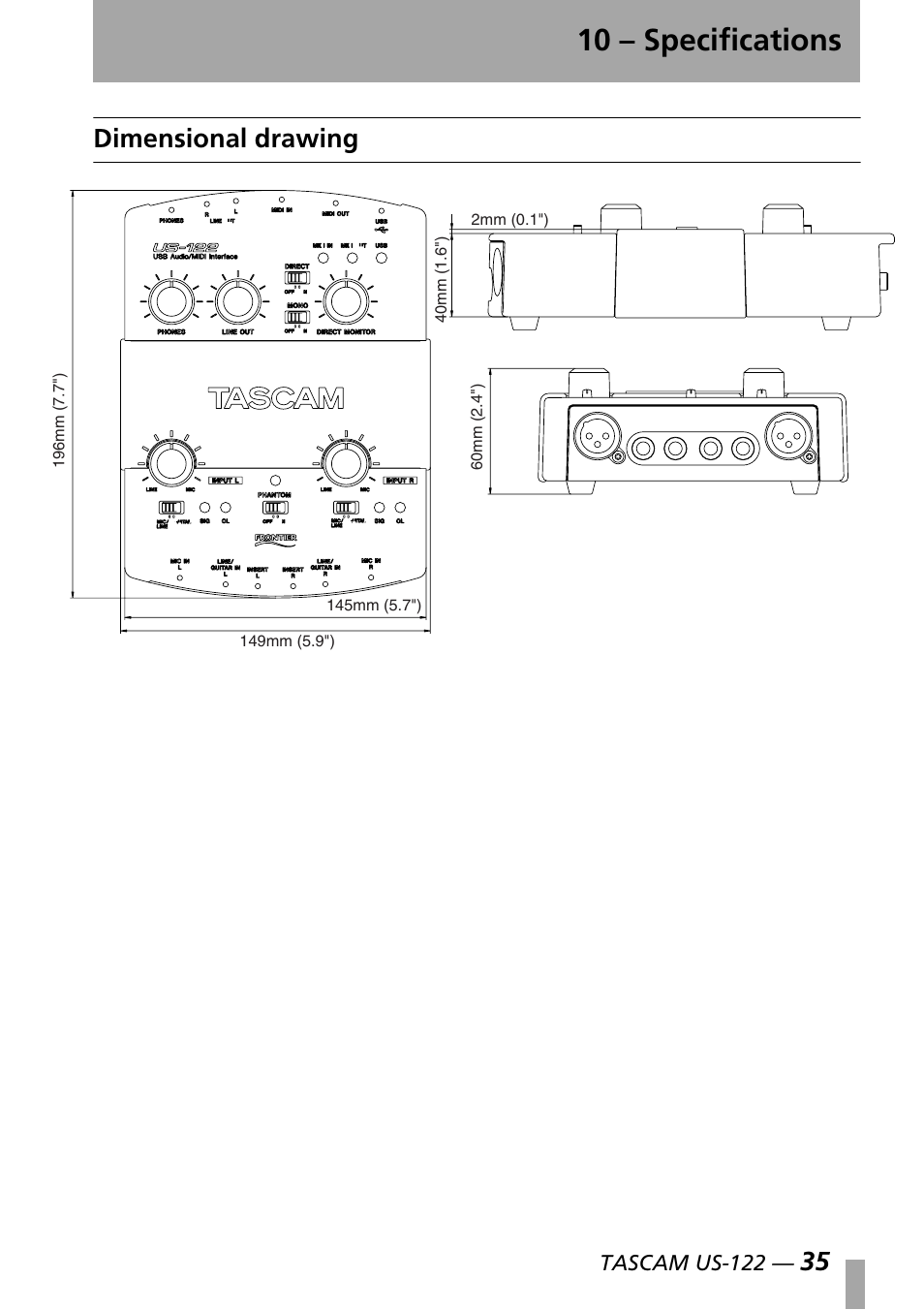 Dimensional drawing, 10 – specifications, 35 dimensional drawing | Teac US-122 User Manual | Page 35 / 36