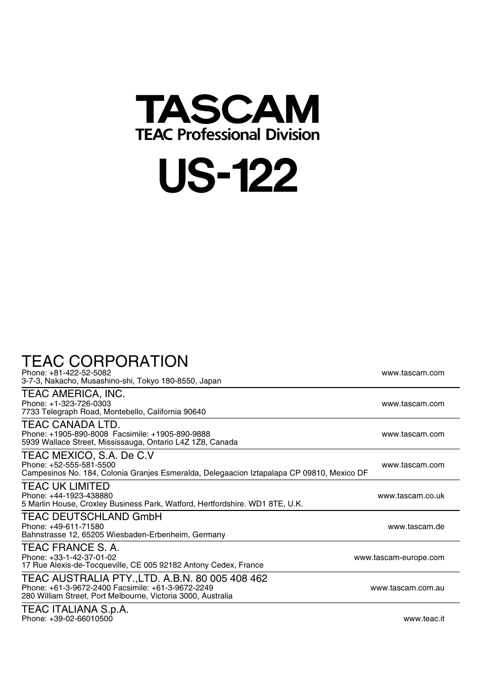 Us-122, Teac corporation | Teac US-122 User Manual | Page 36 / 36
