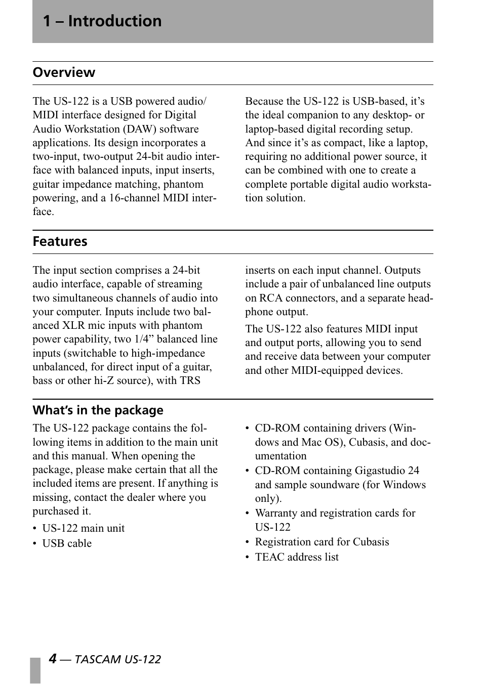 1 - introduction, Overview, Features | What’s in the package, 1 introduction, Overview features, 1 – introduction | Teac US-122 User Manual | Page 4 / 36