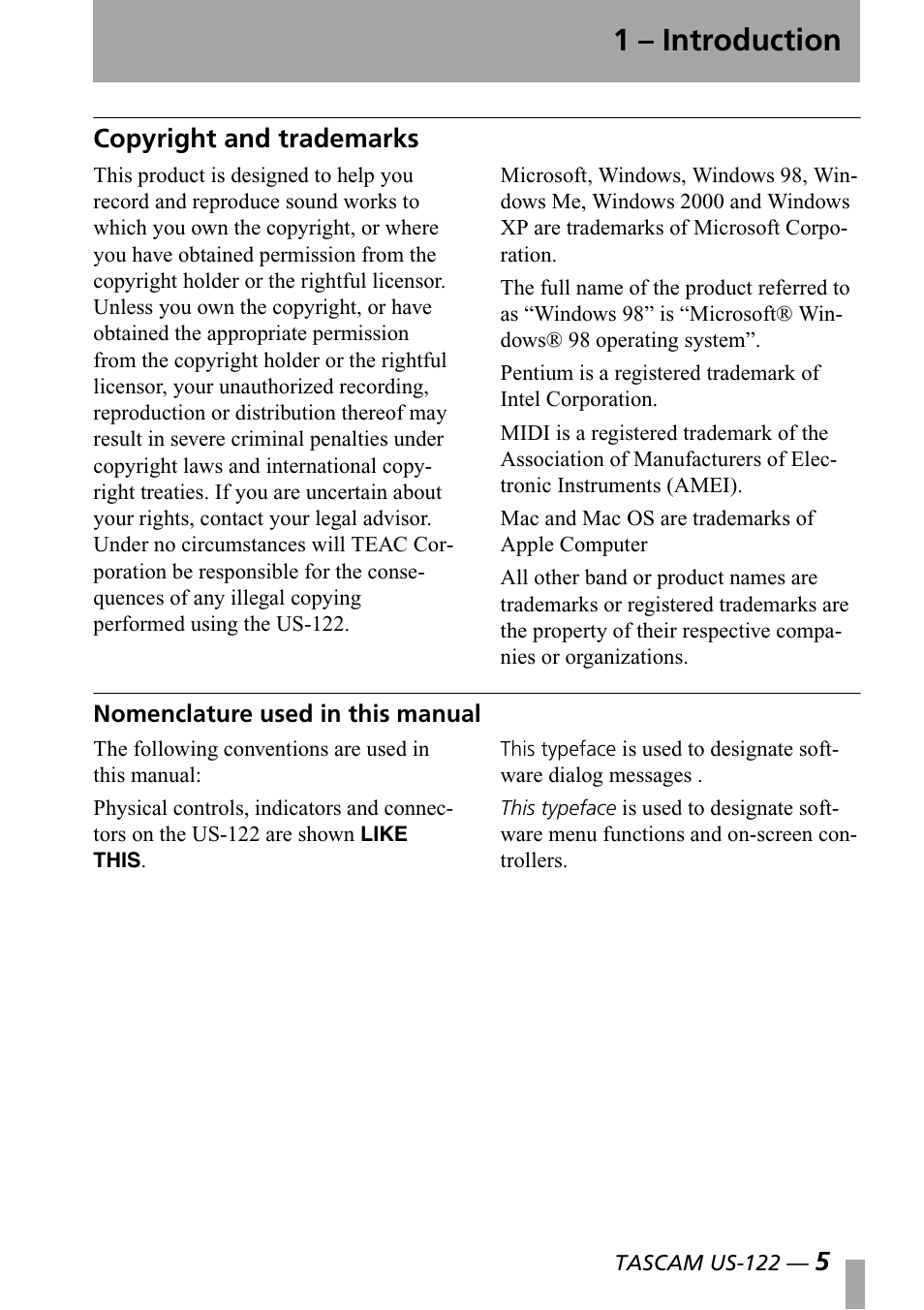 Copyright and trademarks, Nomenclature used in this manual, Copyright and trademarks nomenclature used in this | Manual, 1 – introduction, 5copyright and trademarks | Teac US-122 User Manual | Page 5 / 36