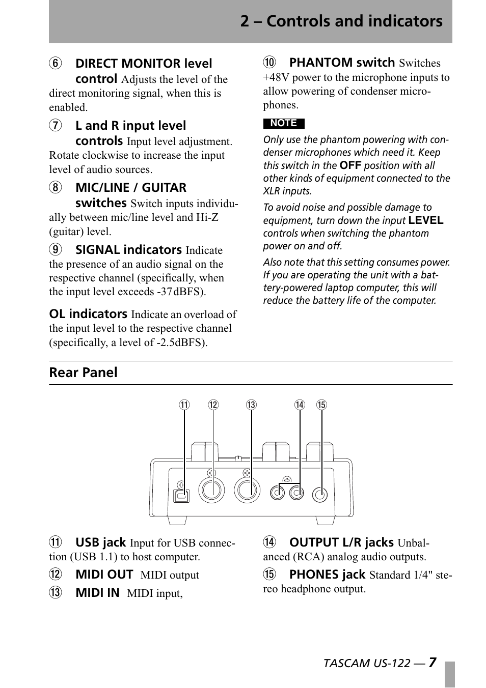 Rear panel, 2 – controls and indicators, Rear panel b | Teac US-122 User Manual | Page 7 / 36