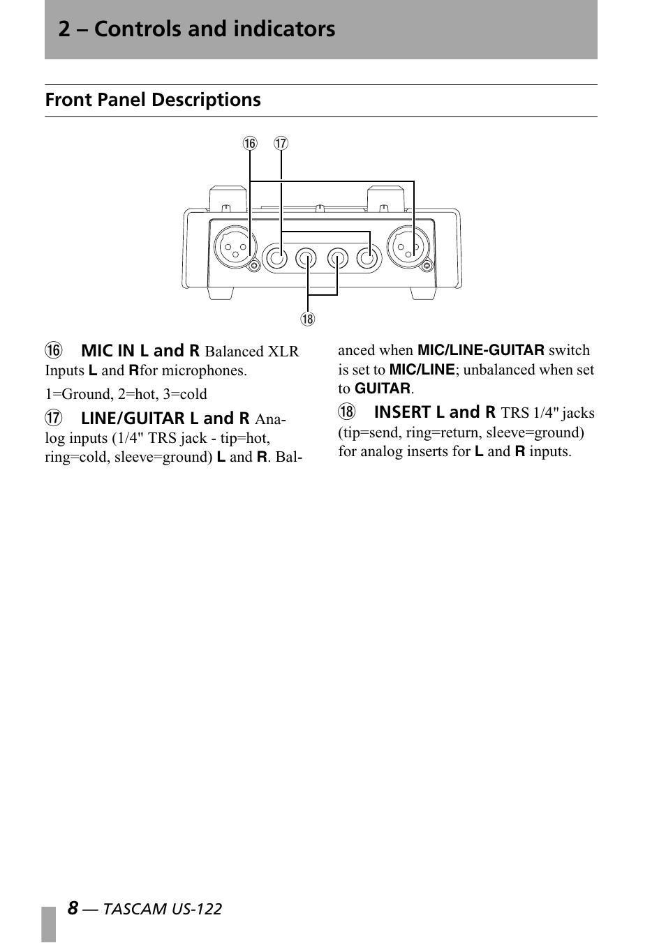 Front panel descriptions, 2 – controls and indicators, Front panel descriptions g | Teac US-122 User Manual | Page 8 / 36