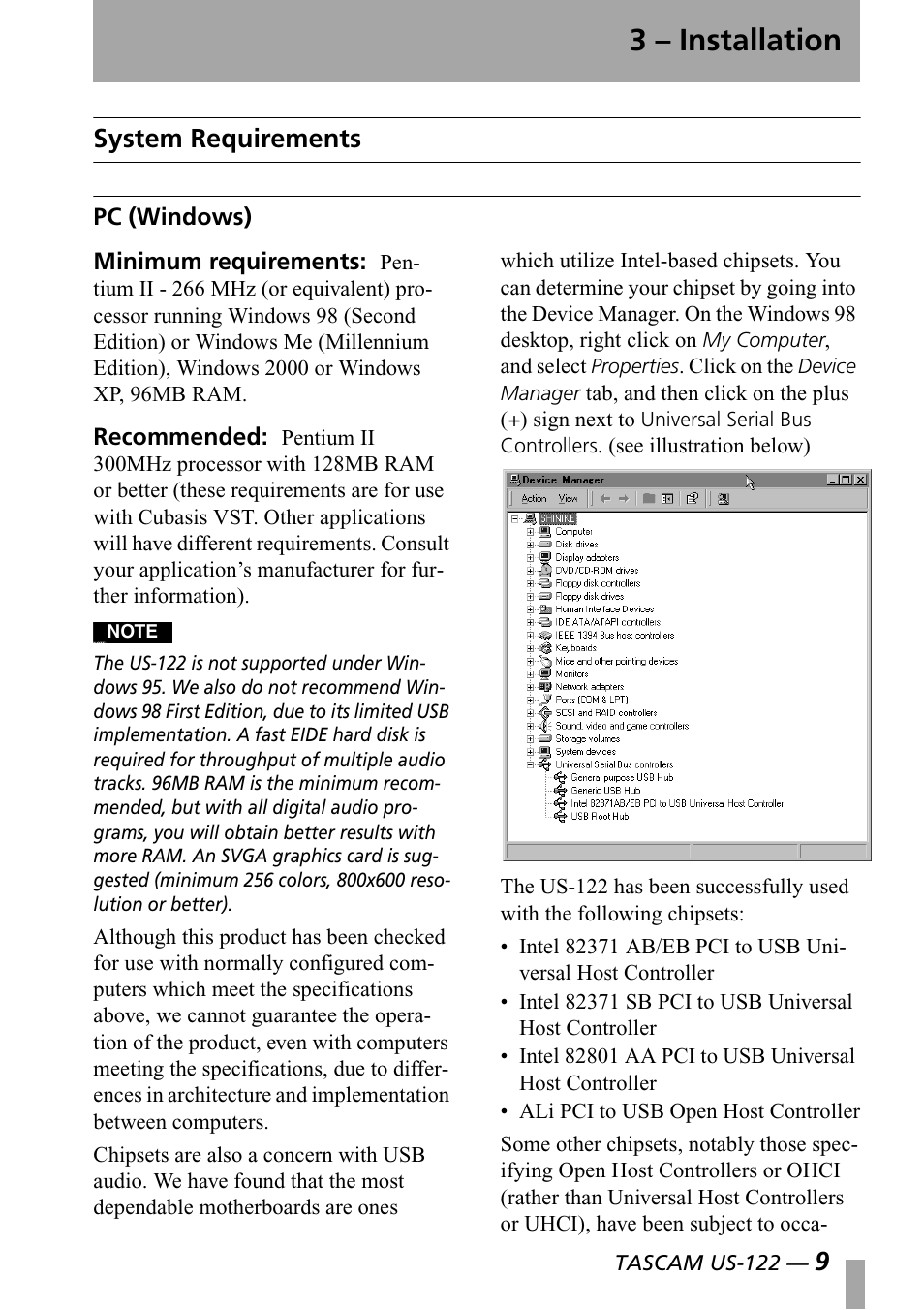 3 - installation, System requirements, Pc (windows) | 3 installation, 3 – installation | Teac US-122 User Manual | Page 9 / 36