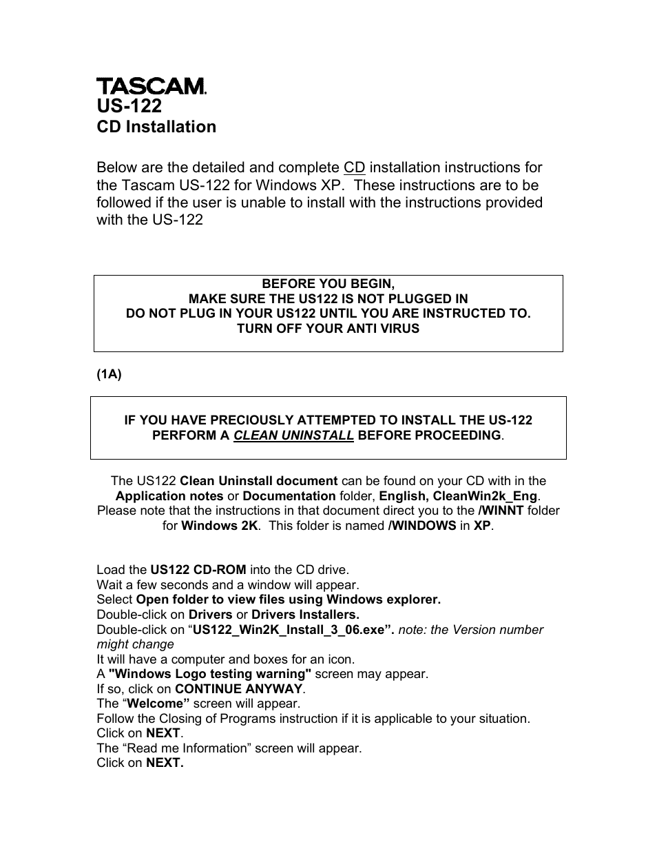 Teac US-122 CD Installation User Manual | 3 pages