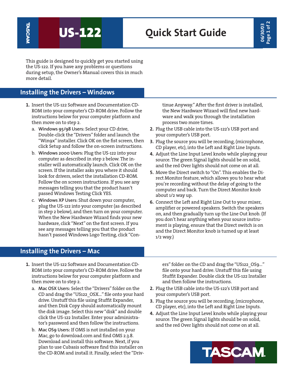 Teac US-122 Quick Start User Manual | 2 pages