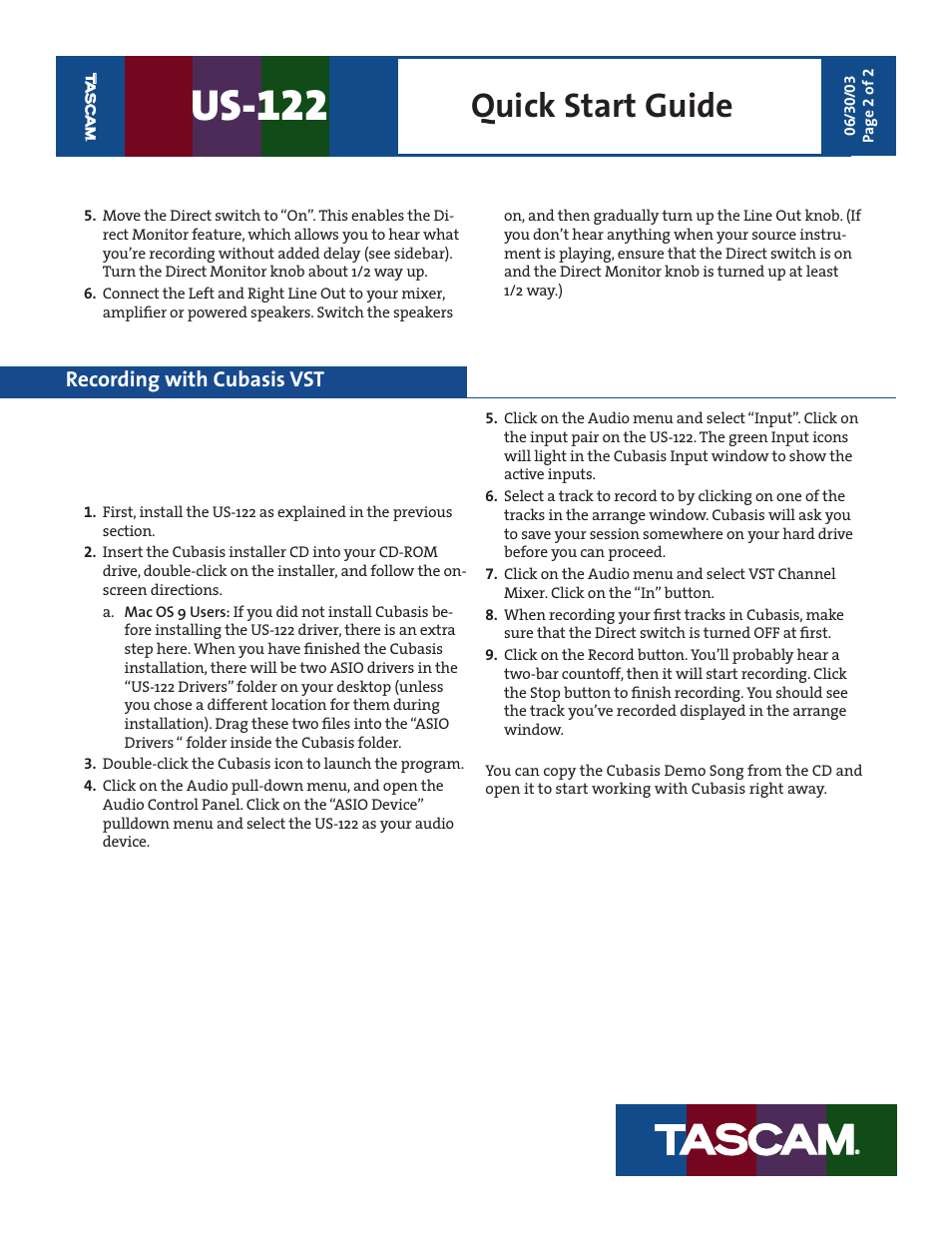 Us-122, Quick start guide, Recording with cubasis vst | Teac US-122 Quick Start User Manual | Page 2 / 2