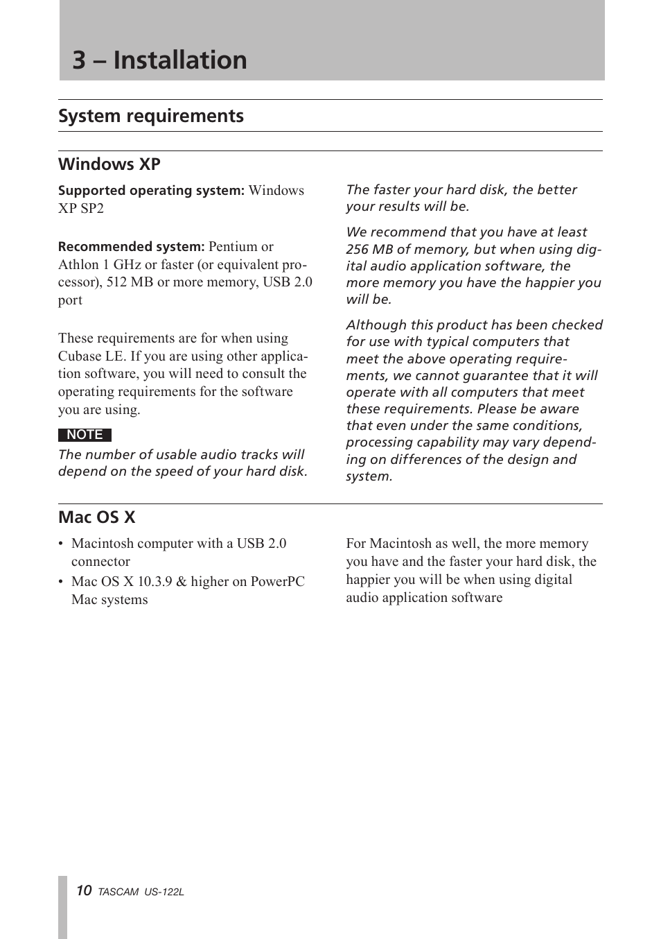 3 – installation, System requirements, Windows xp | Mac os x, 3 installation, Windows xp mac os x | Teac US-122L User Manual | Page 10 / 28