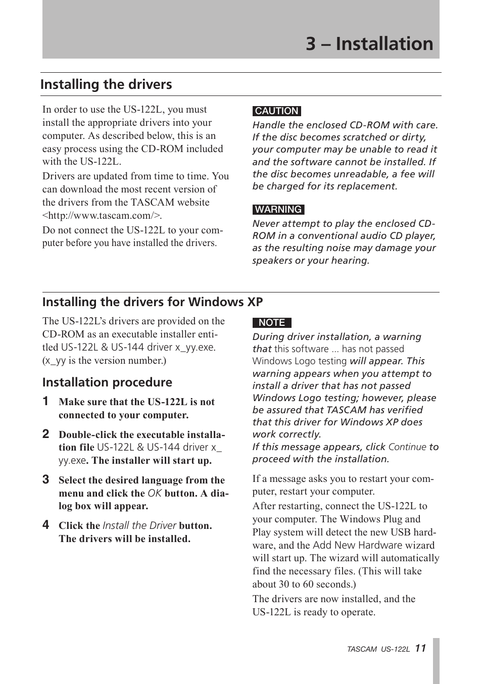 Installing the drivers, Installing the drivers for windows xp, For windows xp | 3 – installation | Teac US-122L User Manual | Page 11 / 28