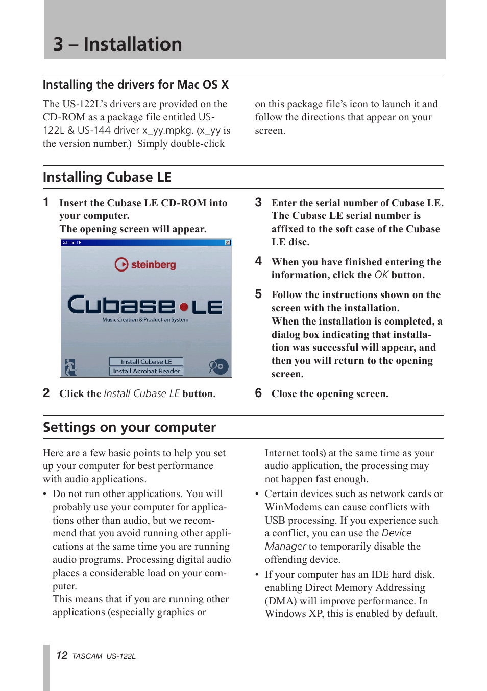 Installing the drivers for mac os x, Installing cubase le, Settings on your computer | Installing the drivers, For mac os x, Installing cubase le settings on your computer, 3 – installation | Teac US-122L User Manual | Page 12 / 28