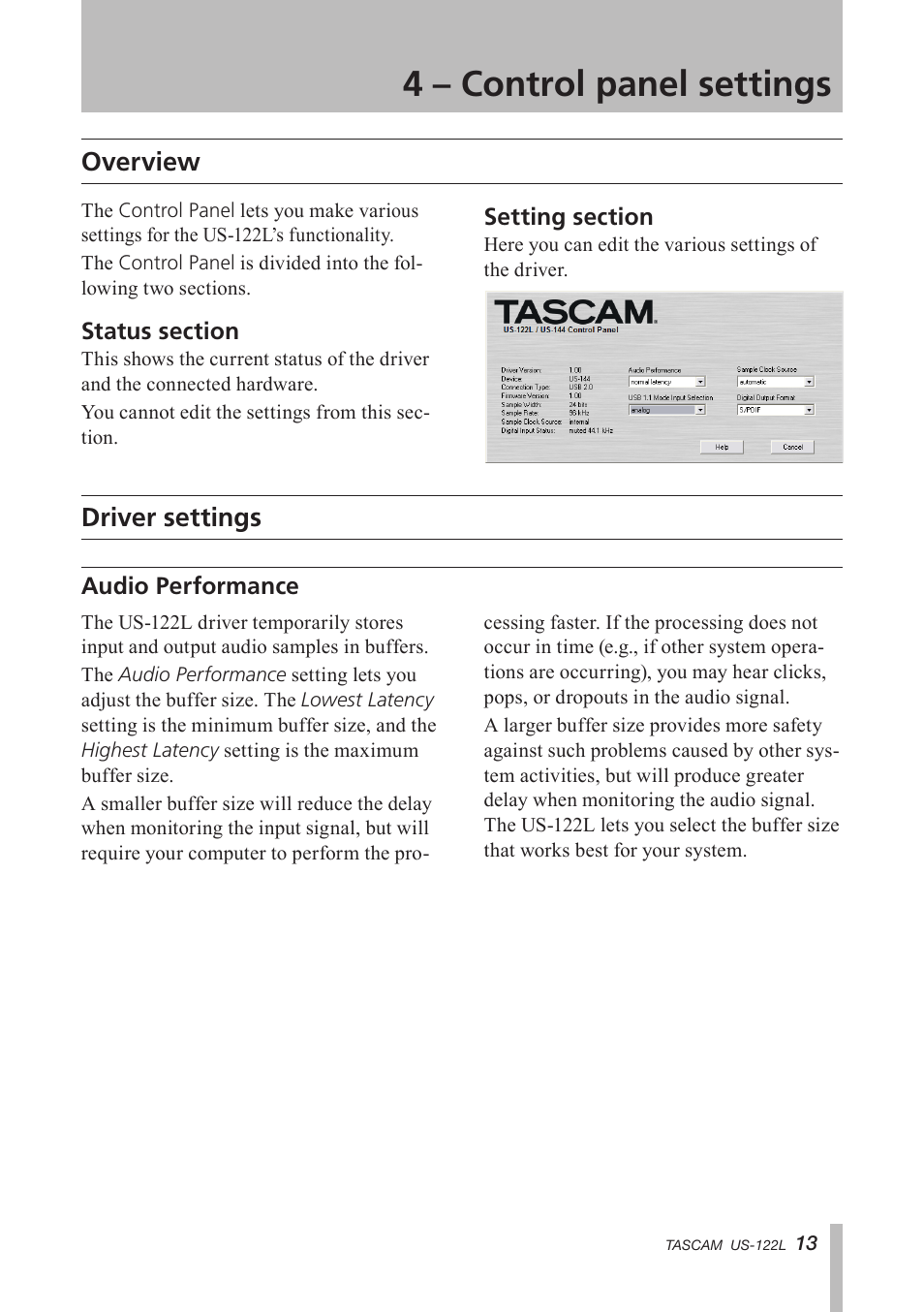 4 – control panel settings, Overview, Driver settings | Audio performance, 4 control panel settings | Teac US-122L User Manual | Page 13 / 28