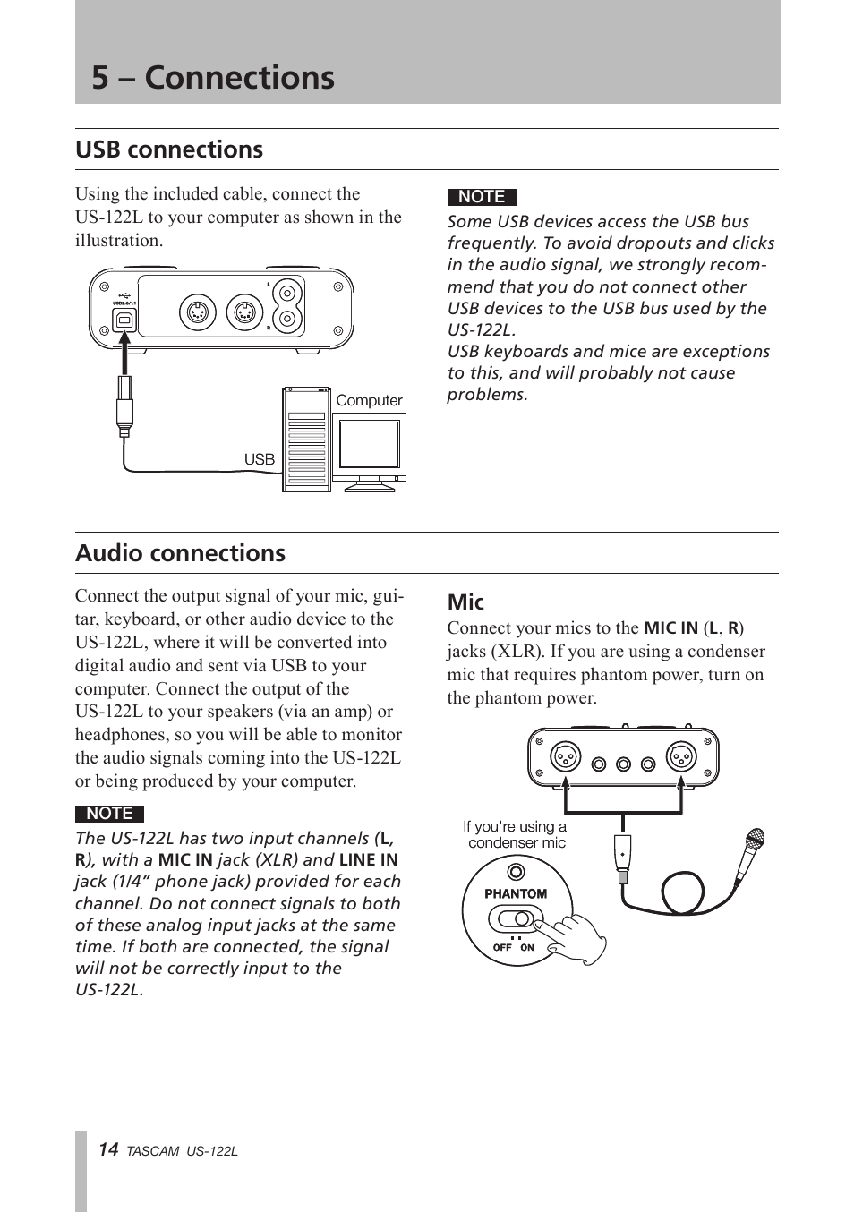 5 – connections, Usb connections, Audio connections | 5 connections, Usb connections audio connections | Teac US-122L User Manual | Page 14 / 28