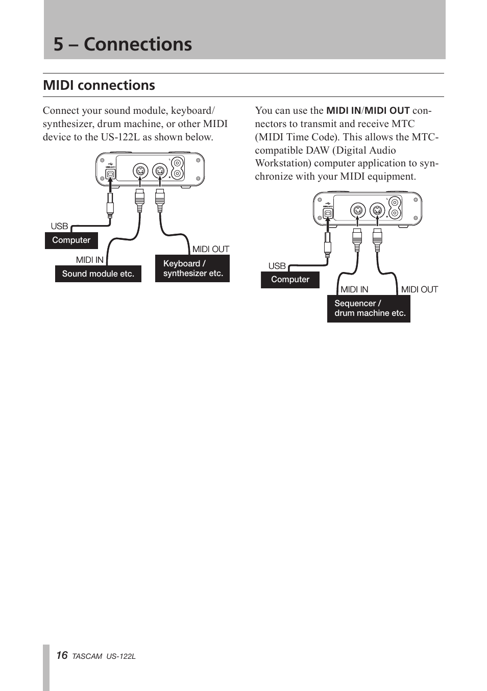 Midi connections, 5 – connections | Teac US-122L User Manual | Page 16 / 28