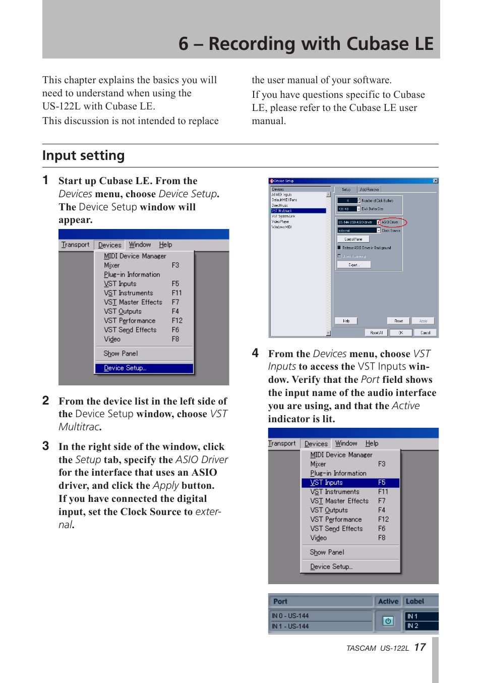 6 – recording with cubase le, Input setting, 6 recording with cubase le | Teac US-122L User Manual | Page 17 / 28