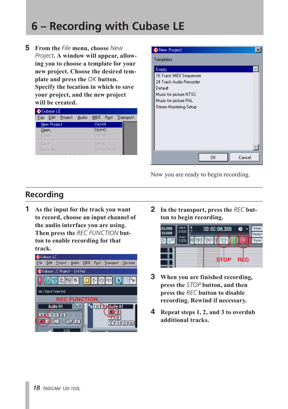 Recording, 6 – recording with cubase le | Teac US-122L User Manual | Page 18 / 28