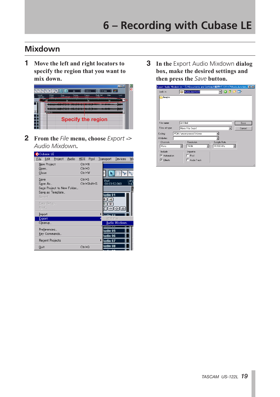 Mixdown, 6 – recording with cubase le | Teac US-122L User Manual | Page 19 / 28