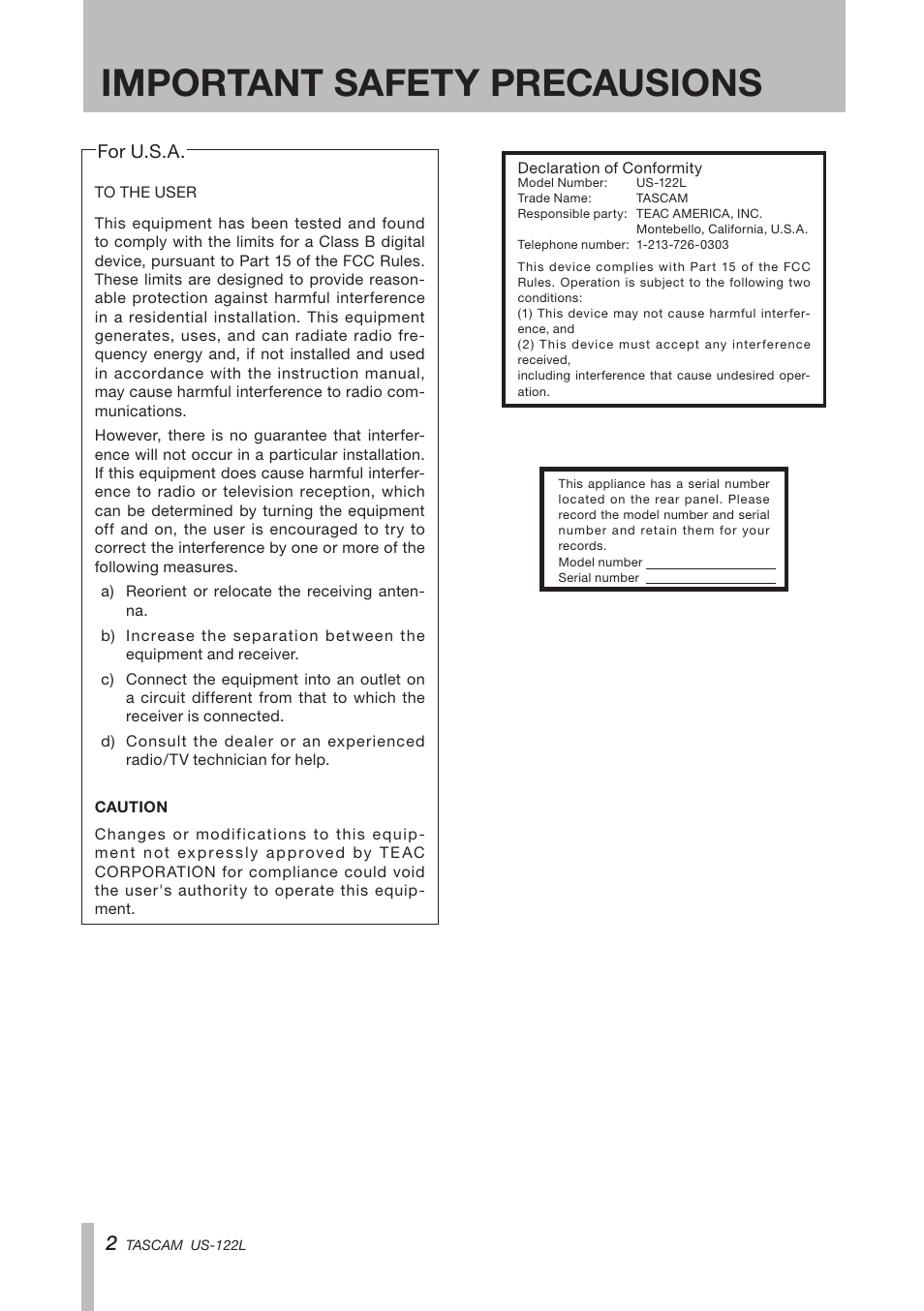 Important safety precausions | Teac US-122L User Manual | Page 2 / 28