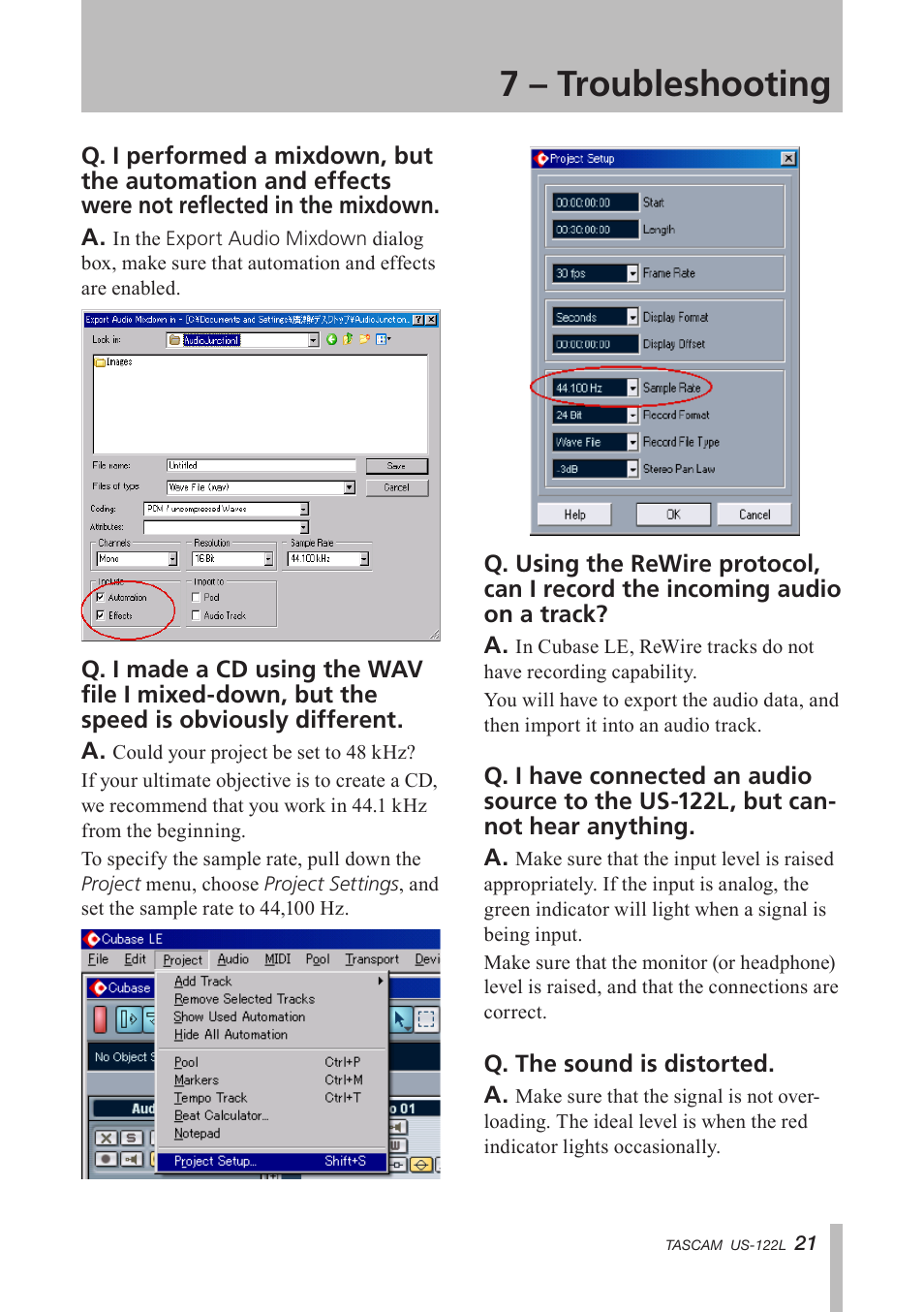 7 – troubleshooting | Teac US-122L User Manual | Page 21 / 28