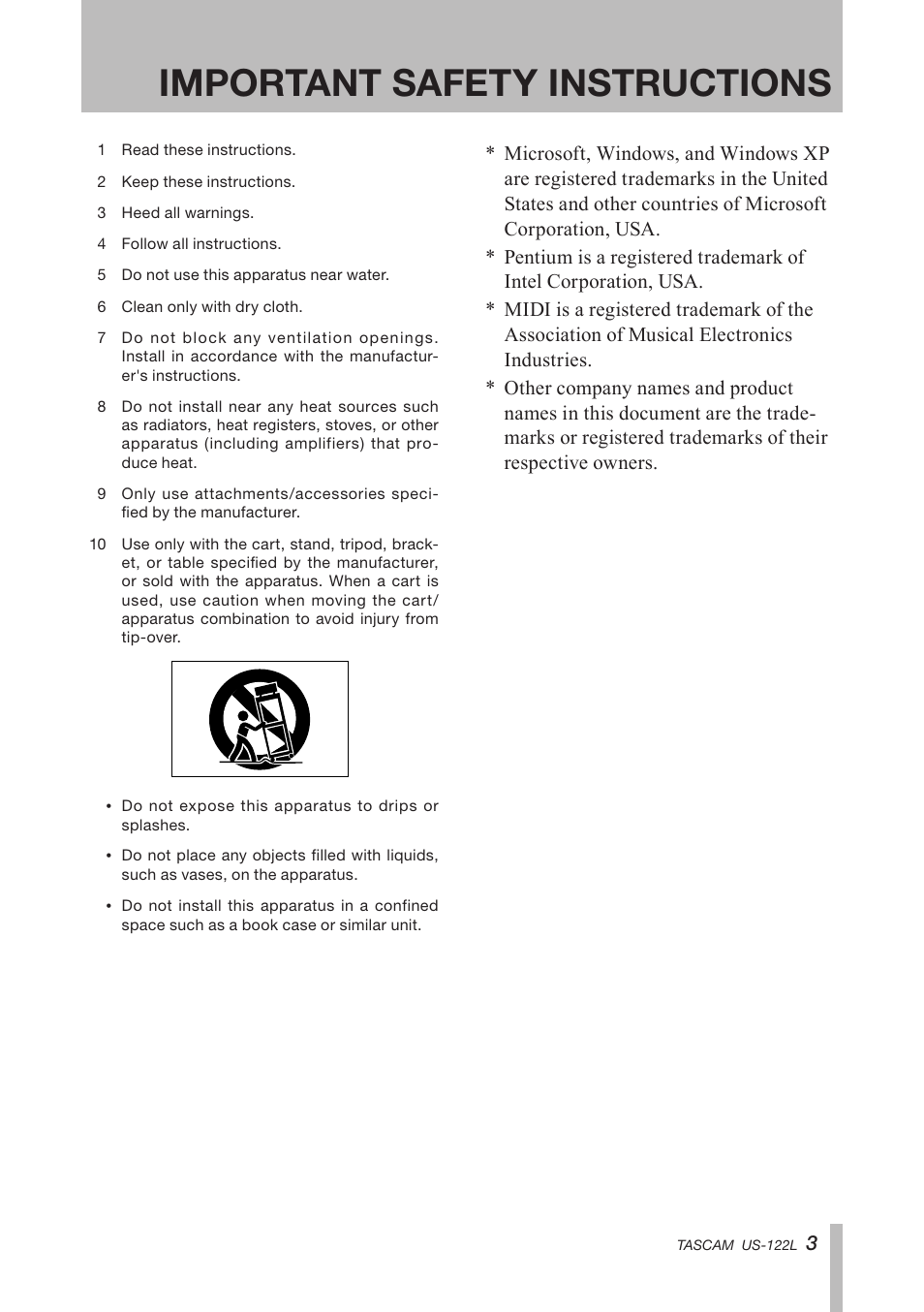 Important safety instructions | Teac US-122L User Manual | Page 3 / 28