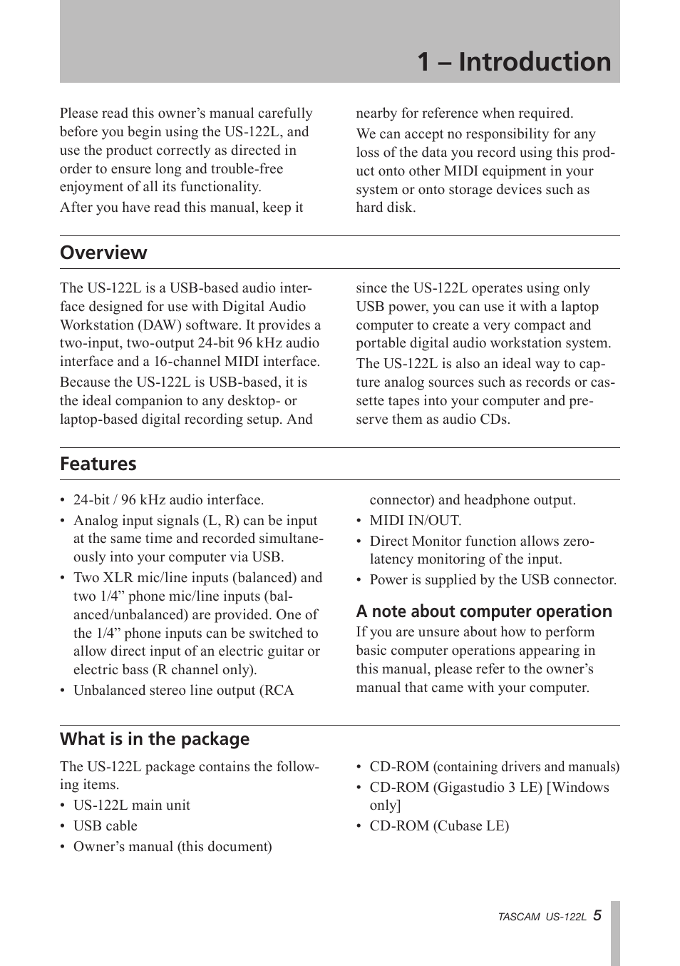 1 – introduction, Overview, Features | What is in the package, 1 introduction, Overview features | Teac US-122L User Manual | Page 5 / 28