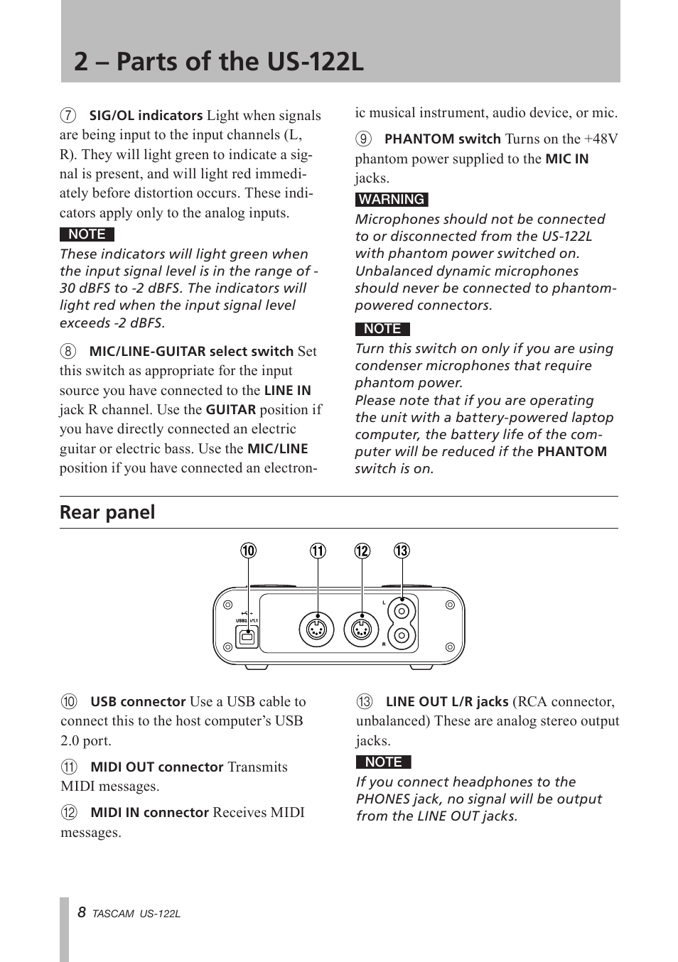 Rear panel, 2 – parts of the us-122l | Teac US-122L User Manual | Page 8 / 28