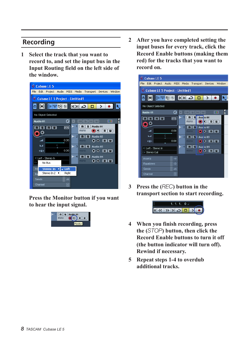 Recording | Teac Cubase LE 5 User Manual | Page 8 / 12