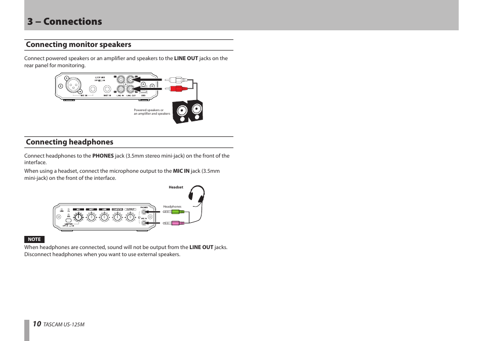 Connecting monitor speakers, Connecting headphones, Connecting monitor speakers connecting headphones | 3 − connections | Teac US-125M User Manual | Page 10 / 24