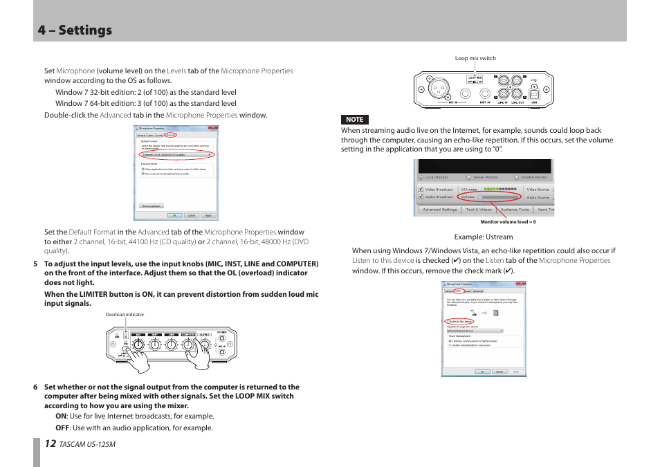 4 – settings | Teac US-125M User Manual | Page 12 / 24