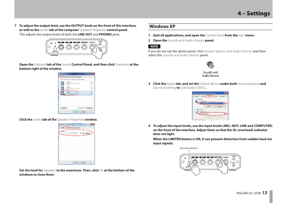 Windows xp, 4 – settings | Teac US-125M User Manual | Page 13 / 24