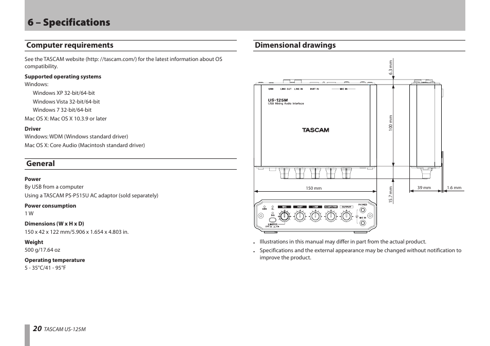 Computer requirements, General, Dimensional drawings | Computer requirements general dimensional drawings, 6 – specifications | Teac US-125M User Manual | Page 20 / 24