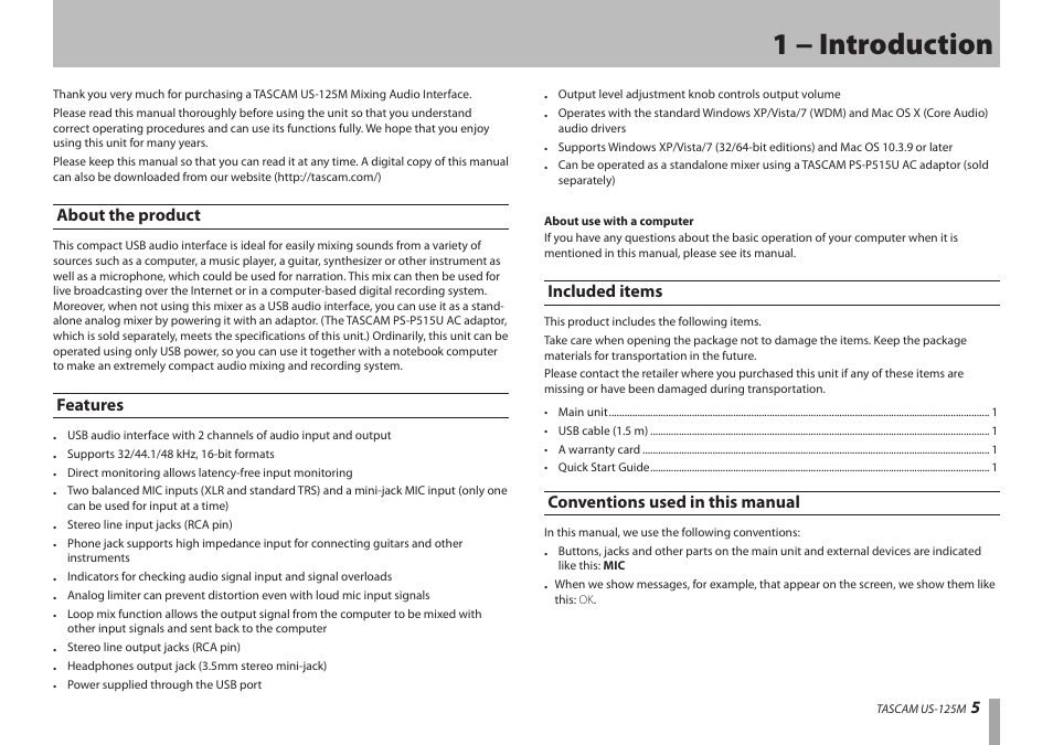 1 − introduction, About the product, Features | Included items, Conventions used in this manual | Teac US-125M User Manual | Page 5 / 24