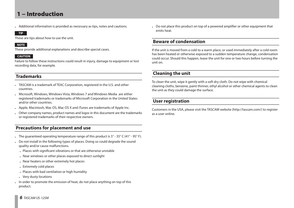 Trademarks, Precautions for placement and use, Beware of condensation | Cleaning the unit, User registration, 1 − introduction | Teac US-125M User Manual | Page 6 / 24