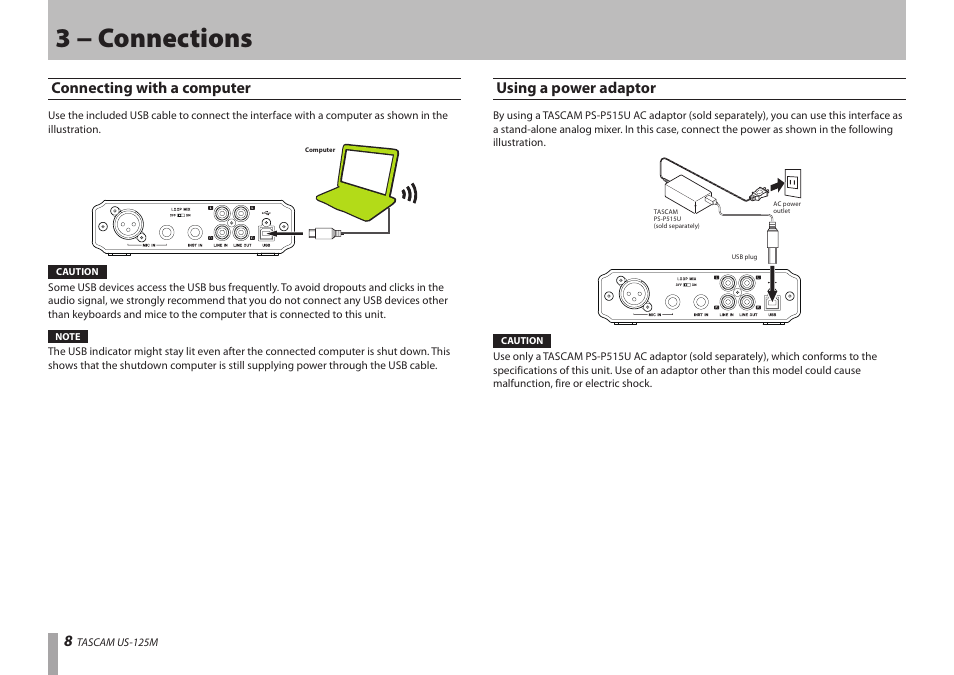 3 − connections, Connecting with a computer, Using a power adaptor | Connecting with a computer using a power adaptor | Teac US-125M User Manual | Page 8 / 24