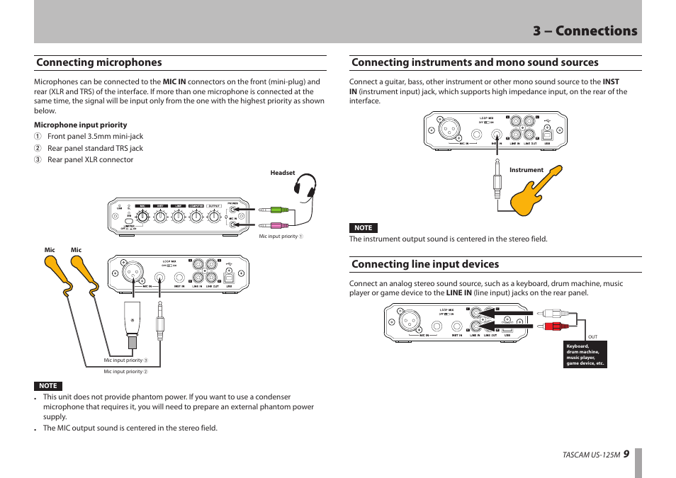 Connecting microphones, Connecting instruments and mono sound sources, Connecting line input devices | 3 − connections | Teac US-125M User Manual | Page 9 / 24