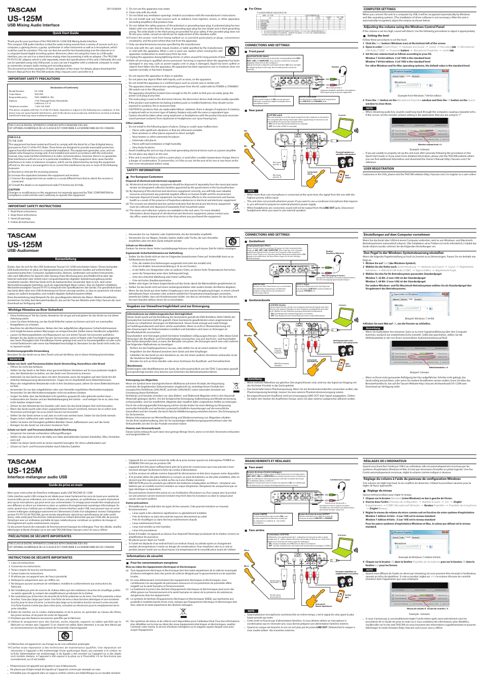 Teac US-125M Quick Start User Manual | 2 pages